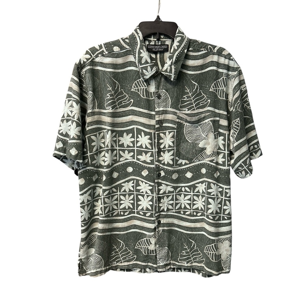 Men’s 100% Silk Olive and Cream Patterned Hawaiian Button Up Shirt Size Large